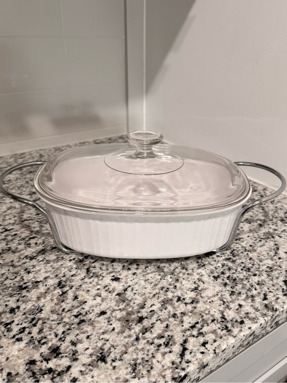 White Glass Covered Casserole Dish with Handles